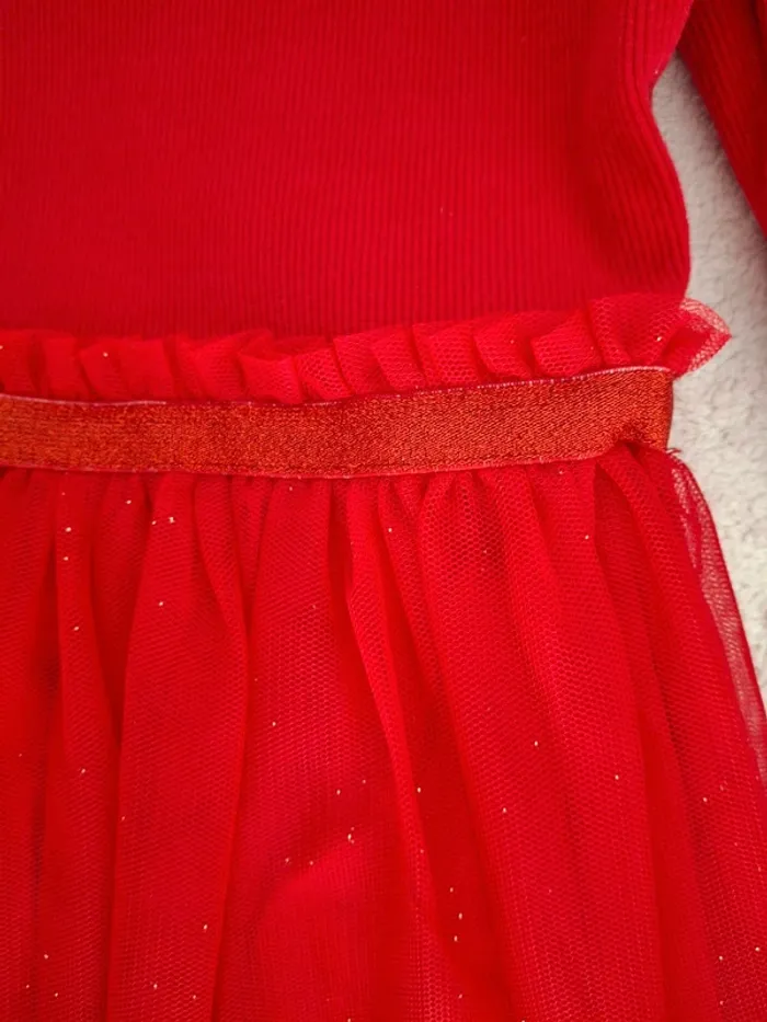 Robe de fête Noël rouge Okaïdi 8 ans manches longues bi matières tulle - photo numéro 3
