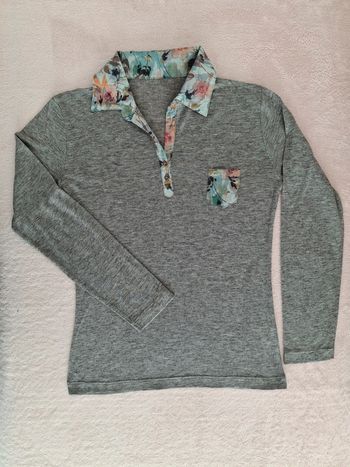 T-shirt polo Thermolactile manches longues 10 ans gris clair à col fleuri