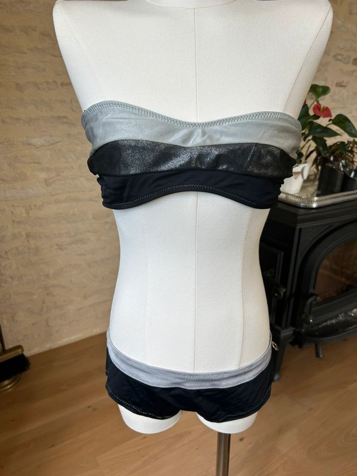 Maillot de bain 2 pièces bandeau noir et argenté