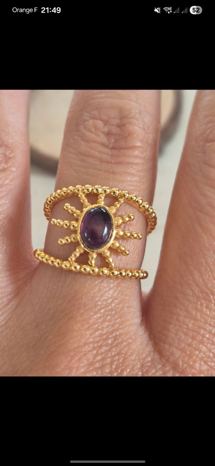Bague soleil en laiton et cuivre dorée avec améthyste - photo numéro 2