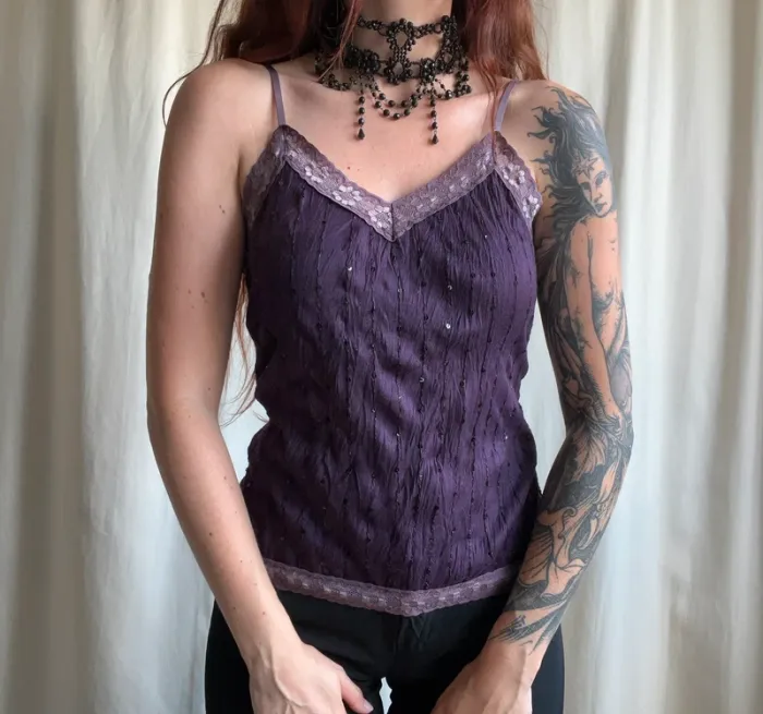 Débardeur violet sequins dentelle Whimsy Whimsical vintage made in France 🇫🇷 90s - Taille M - photo numéro 2