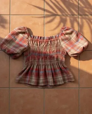Top smocké à carreaux, manches bouffantes, taille S, bohème rétro chic été