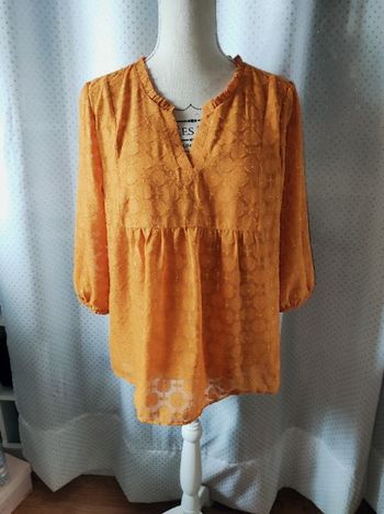 Blouse moutarde à motifs fleurs dorés, taille 42, TBE