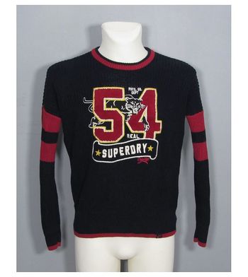 Pull superdry bleu foncé et rouge, taille S adulte mixte.