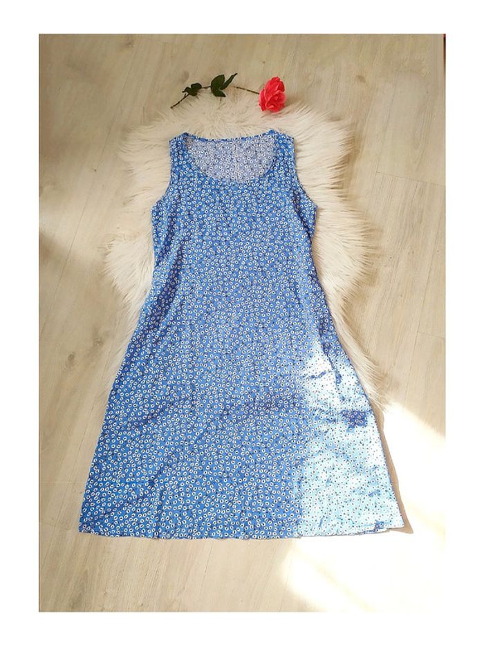 Robe été coton fluide sans manches midi mi-longue imprimé floral petites fleurs style rétro - photo numéro 3