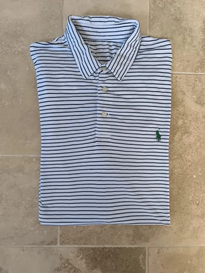 Polo Ralph Lauren Performance homme XL blanc rayures marine logo vert excellent état sauf tâche