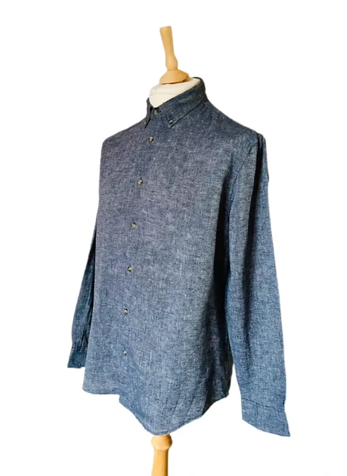 🔹🌿Chemise en lin coton chambray vintage homme Taille L Blue denim linen shirt🌿🔹 - photo numéro 5