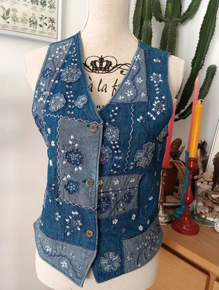 Gilet vintage en jean patchwork Jac Jac - photo numéro 4