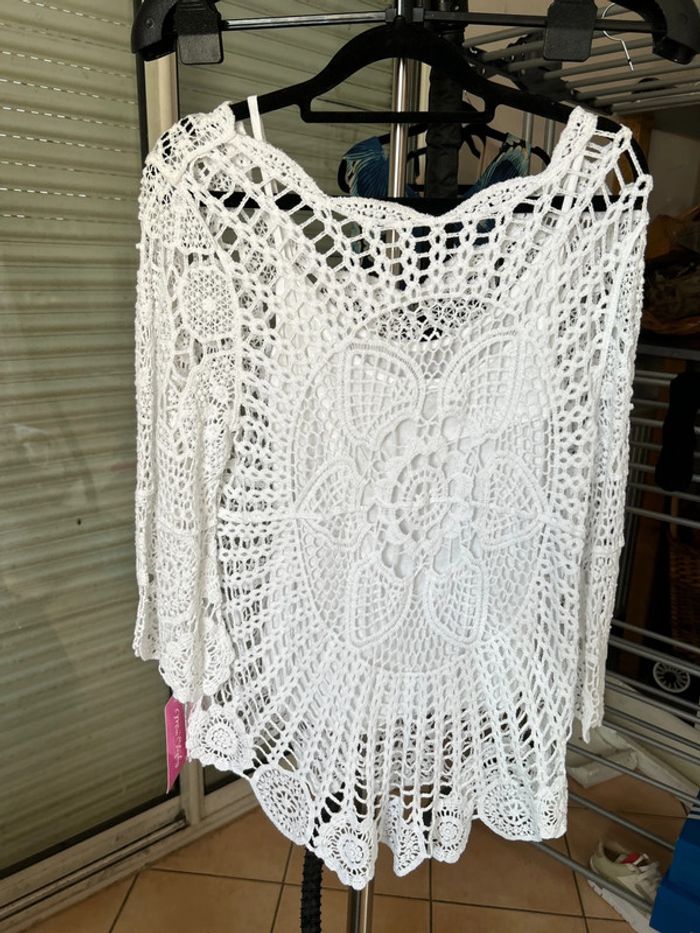 Pull en crochet blanc + Caraco - photo numéro 2