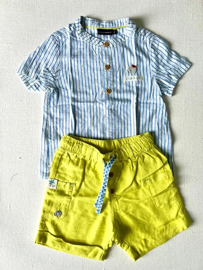 Ensemble été 3 pièces - short, chemise, gilet Sergent Major 24 mois – Lin & coton – Élément brodé