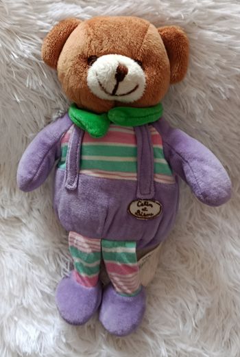 Doudou peluche ours mauve et rayes -Calin et bisou