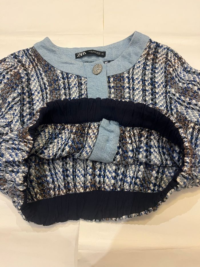 Top cardigan cropped court bi matière en denim col rond boutonné bleu zara taille M/38 - photo numéro 6