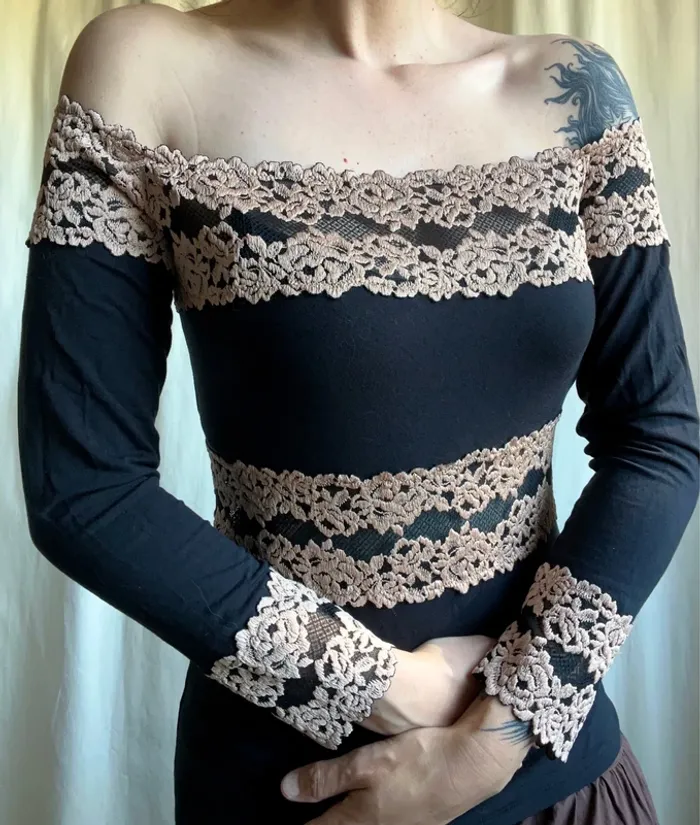 Top épaules nues dentelle roses Coquette Goth Whimsigoth vintage 90s Grunge - Taille M - photo numéro 2