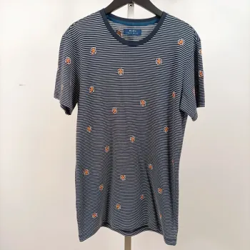 T-shirt rayé bleu marine Bleu Isle Bleu taille M, coton, broderies fleurs orange et col rond A1238
