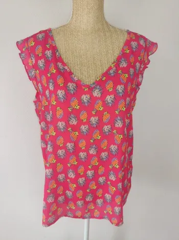 Blouse manches courtes volants rose fuschia motifs cactus colorés taille 44 Eldys neuve