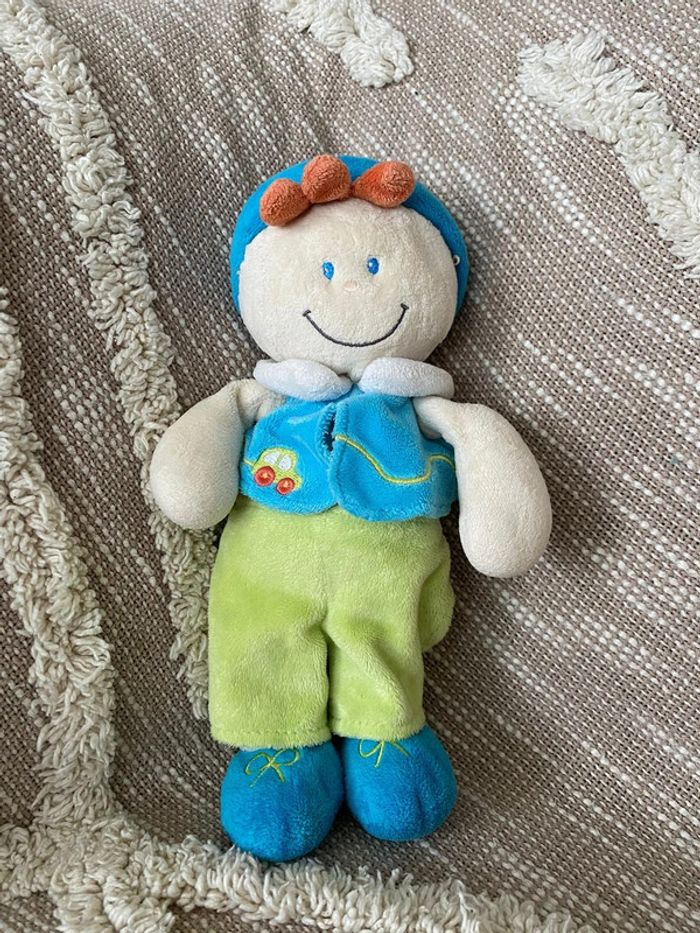 Peluche doudou 26cm baby Luna poupée garçon vert et bleu très bon état