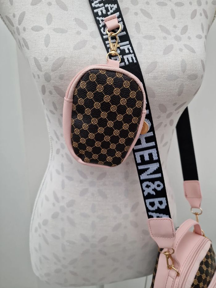 Sac Bandoulière Rose Marron Avec Bijou Sac Et Porte Monnaie - photo numéro 4