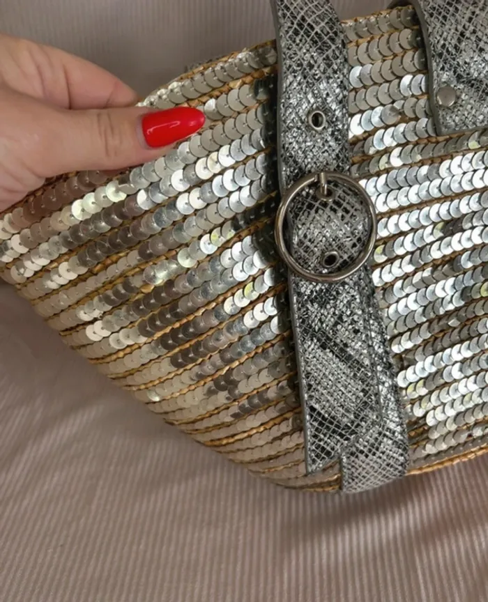 Sac à main paille sequin argenté effet pitons - photo numéro 5