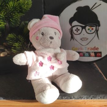 Doudou Peluche Nicotoy Ours Gris Robe Bonne Nuit Rose Fleur #geektradedoudou