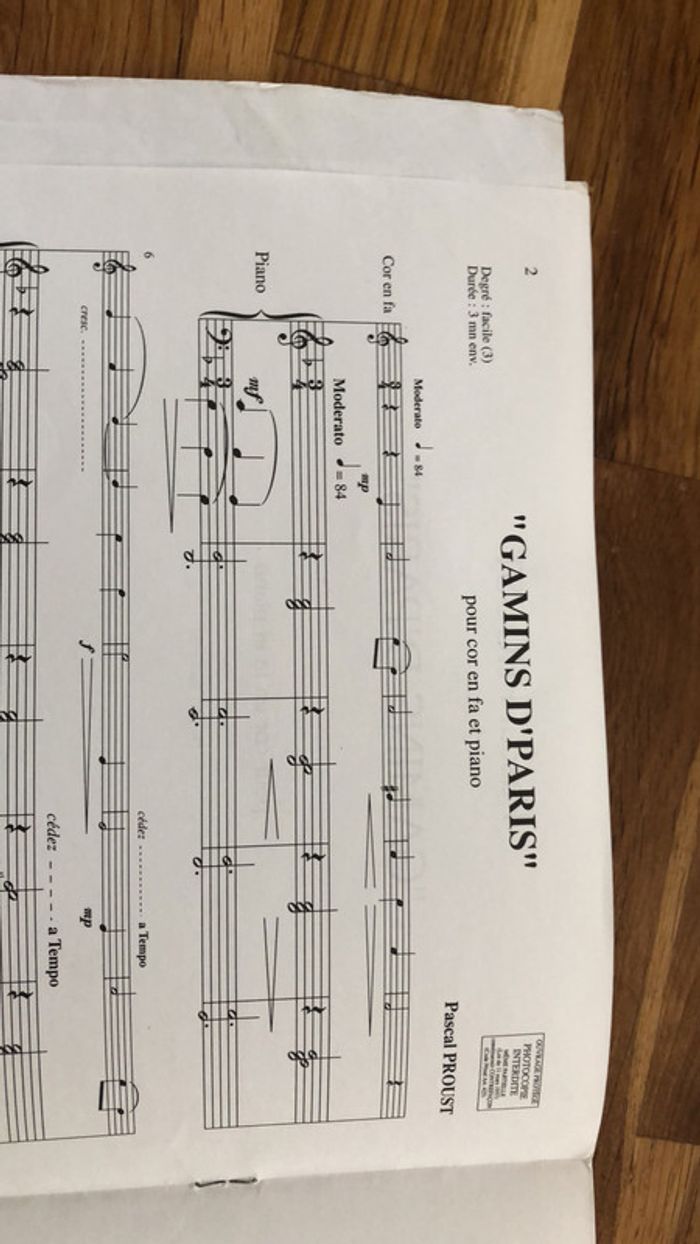 Gamins d’paris partition pascal Proust pour cor et piano - photo numéro 3