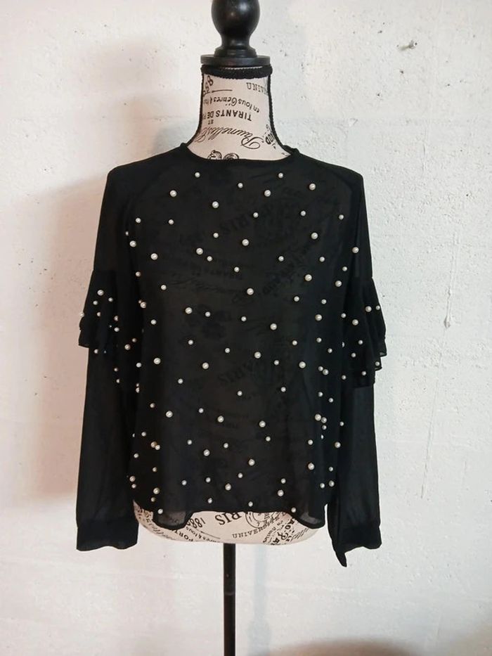 🖤 Blouse fluide noire à perles – IVIVI – Taille L – Très bon état