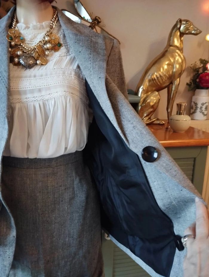 💞 Ensemble Blazer & Jupe Vichy Imitation Lin Collection Vintage Weill T44/46💞 - photo numéro 7