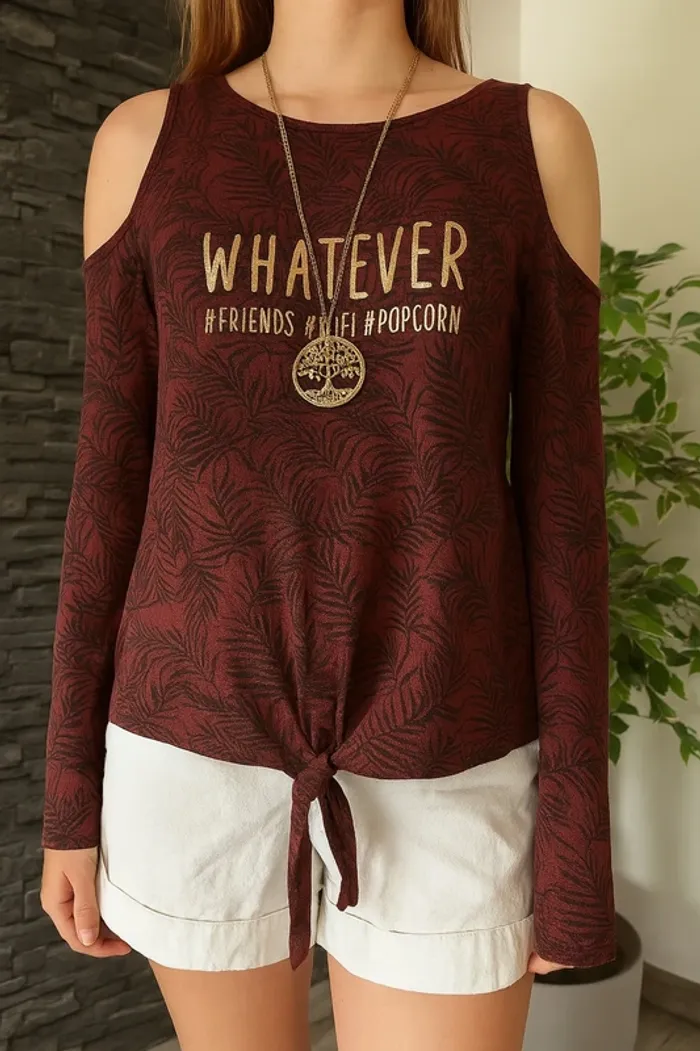 🛑Top fille bordeaux à nouer – motif feuilles – col ouvert – Gémo – 12 ans🛑