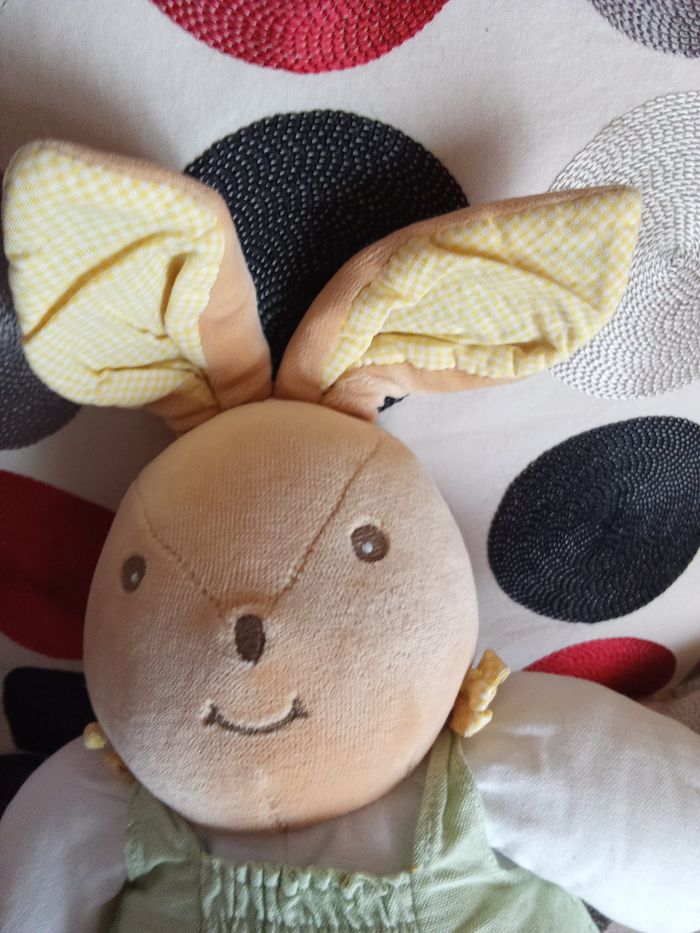 Doudou peluche lapin Takinou beige marron robe verte oiseau brodé vintage ancien tissu vichy jaune blanc intérieur oreilles en posture debout bras blancs lapine  d'occasion - photo numéro 8