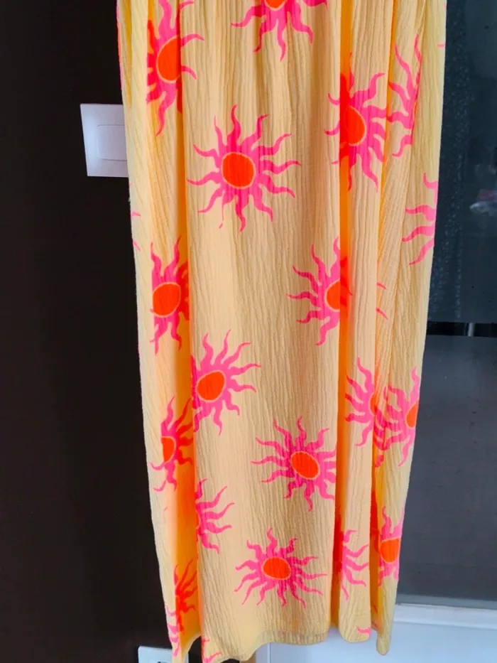 Robe longue été jaune et rose gaz de coton imprimé soleil TU 36 à 42 - photo numéro 6