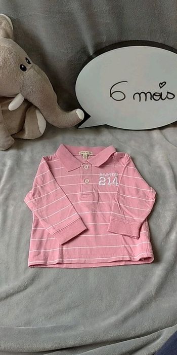 Chemise polo manches longues Garçon 6 mois rose rayé blanc 100% coton Alston 214 Grain de blé