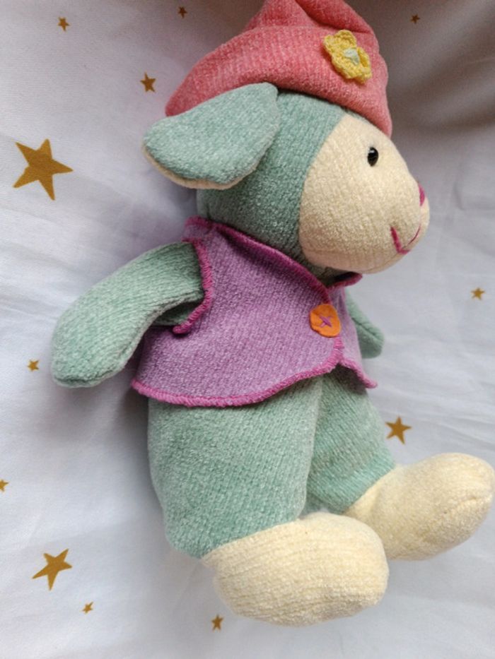 Peluche plush Teddy doudou sample bille bonnet chapeau cap gilet vert green mouton animal sheep - photo numéro 8