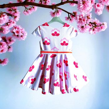 JACADI - NEW - ROBE FILLE STYLE PATINEUSE MOTIF FLEURS, MANCHES DÉCOUPES PÉTALES & ROSE FLUO 4A