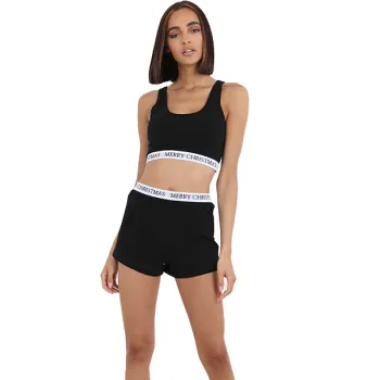 Ensemble Brave Soul Crop Top Short Merry Christmas Noir Femme Taille XS Neuf et Authentique 