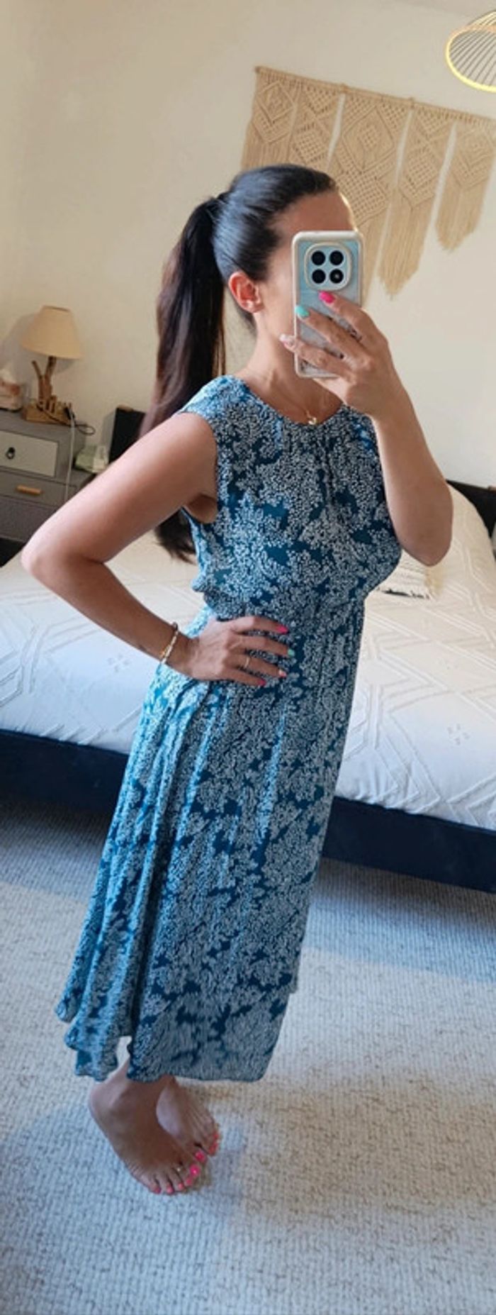 Robe d'été longue Mango S bleu vert motif petites fleurs blanches taille élastique