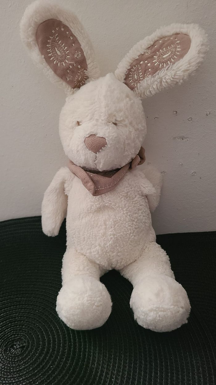 DOUDOU PELUCHE NICOTOY LAPIN BANDANA BLANC MARRON TAUPE 30 cm - photo numéro 4