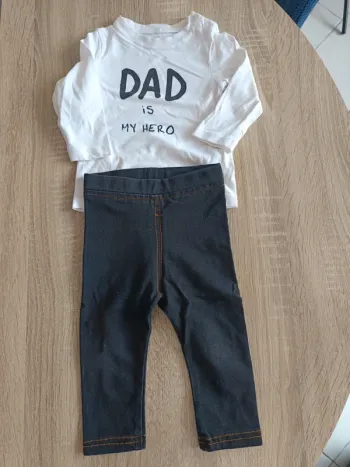 Ensemble haut t-shirt manches longues blanc Pat et Ripaton et pantalon noir bébé 6 mois