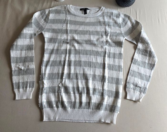 Mango Pull rayé gris et blanc à sequins - Taille XS (34) - photo numéro 2
