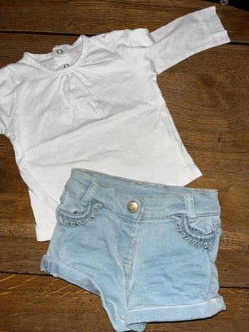 Ensemble petit pull fin + short en jean 6 mois