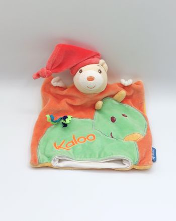 Doudou plat marionnette ours orange jaune bonnet KALOO 1998-2010 dragon vert