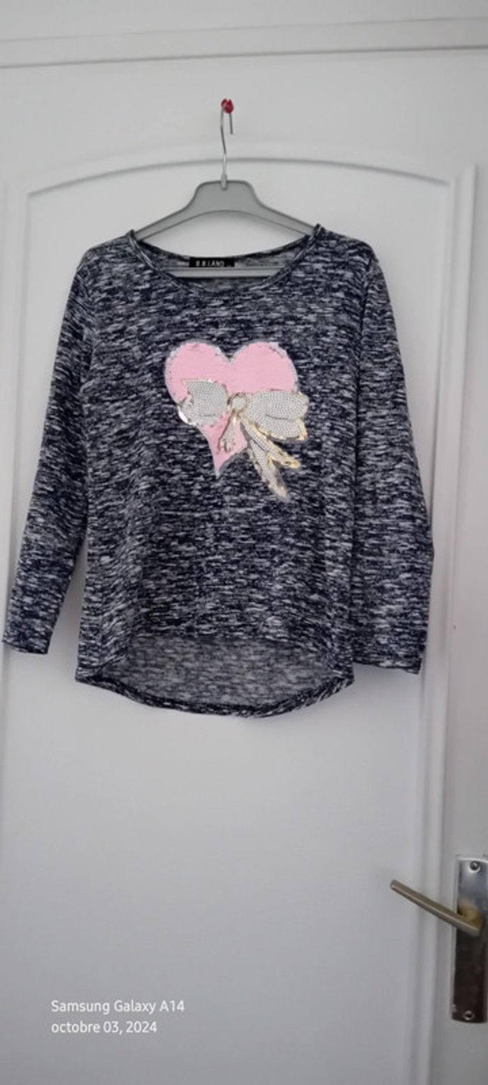 Pull fin motif cœur et noeud en sequins bleu fille 12 ans BB.Land - photo numéro 5