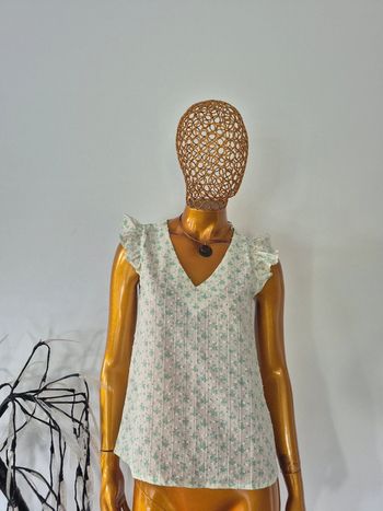 Blouse Femme Manches Courtes Verte et Crème Taille L/40