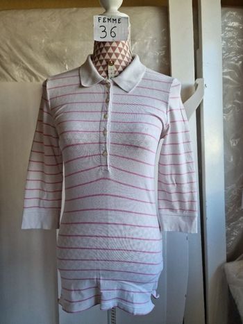 Tee-shirt, blanc à rayures roses, manche 3/4,en coton, en très très bon état, longueur 65cm, marque