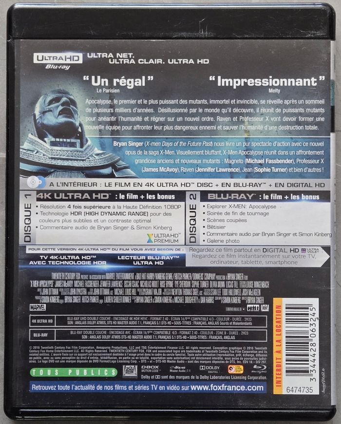 X-men Apocalypse Blu-Ray 4k Ultra HD (Version Française) d'occasion en très bon état - photo numéro 2