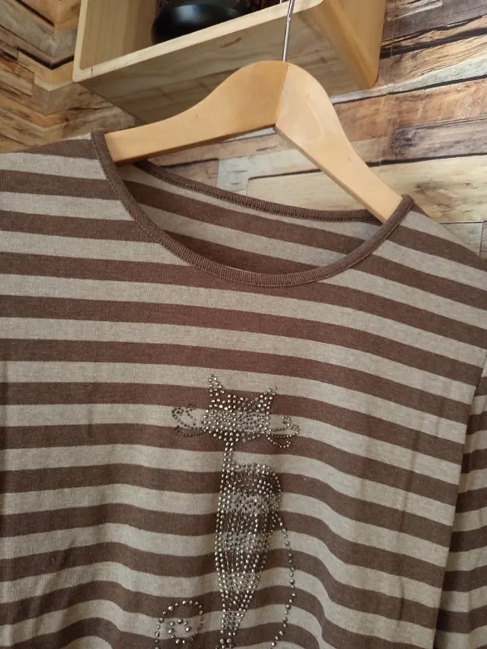 Pull léger vintage crème marron chat paillettes - photo numéro 3