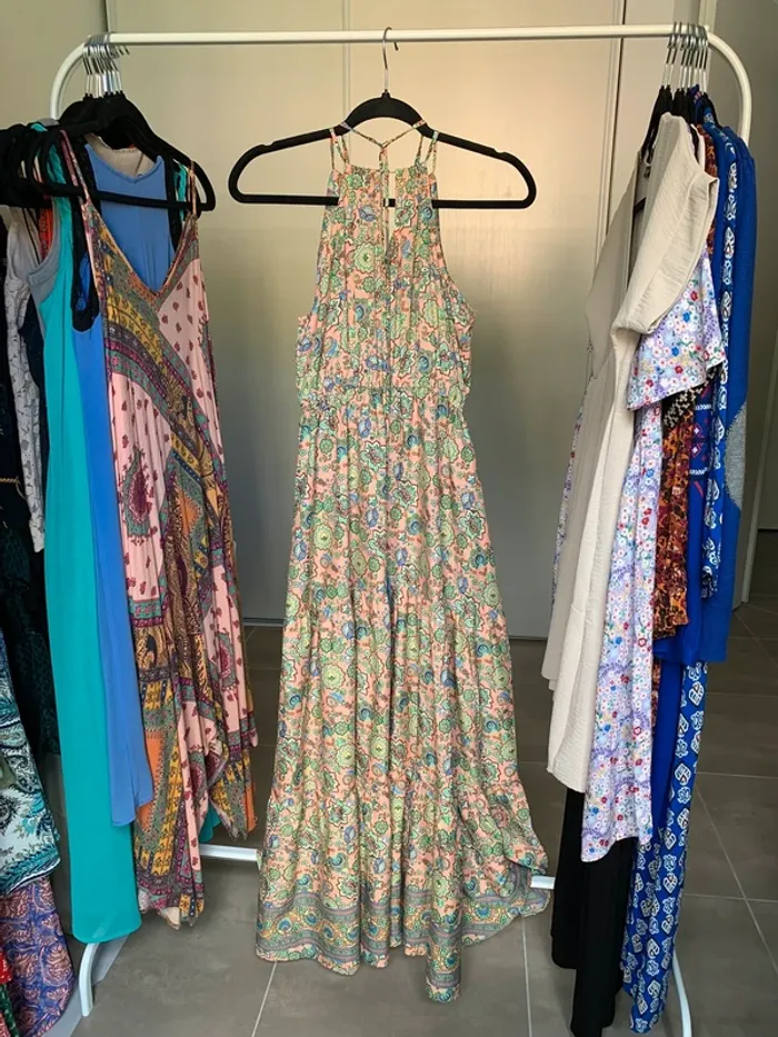 Robe longue fluide rose et vert à motif soie Vintage Silk taille unique - photo numéro 8