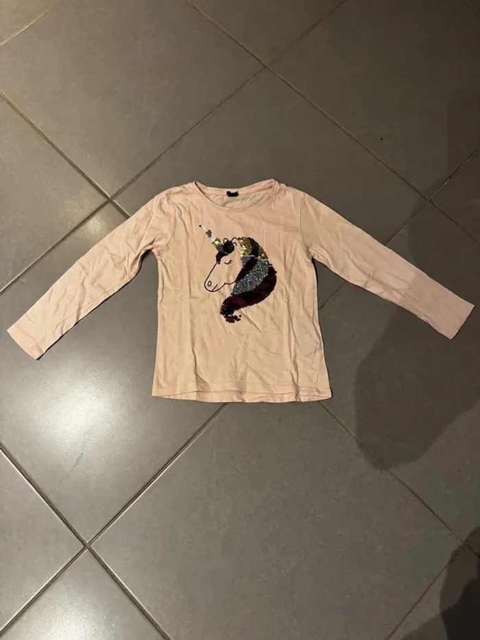T shirt manches longues à sequins - Kiabi - Tête de licorne - Rose - 6 ans
