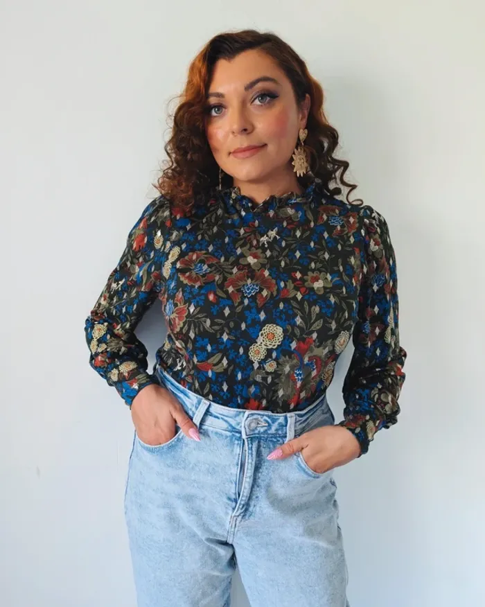 Blouse à manches longues col montant automne casual chic bleu kaki doré cache-cache taille 38 - photo numéro 2