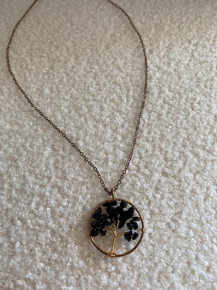 Collier doré arbre perle obsidienne lithothérapie - photo numéro 3