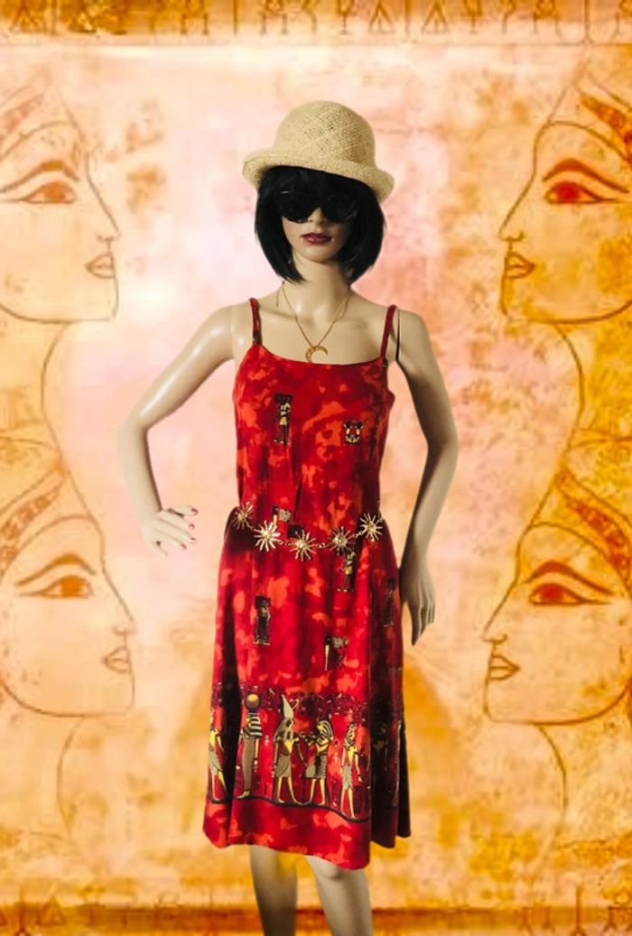 🌴Robe d’été ethnique fluide imprimé pharaons🌞Red summer dress Egyptian vibes🇪🇬 - photo numéro 2