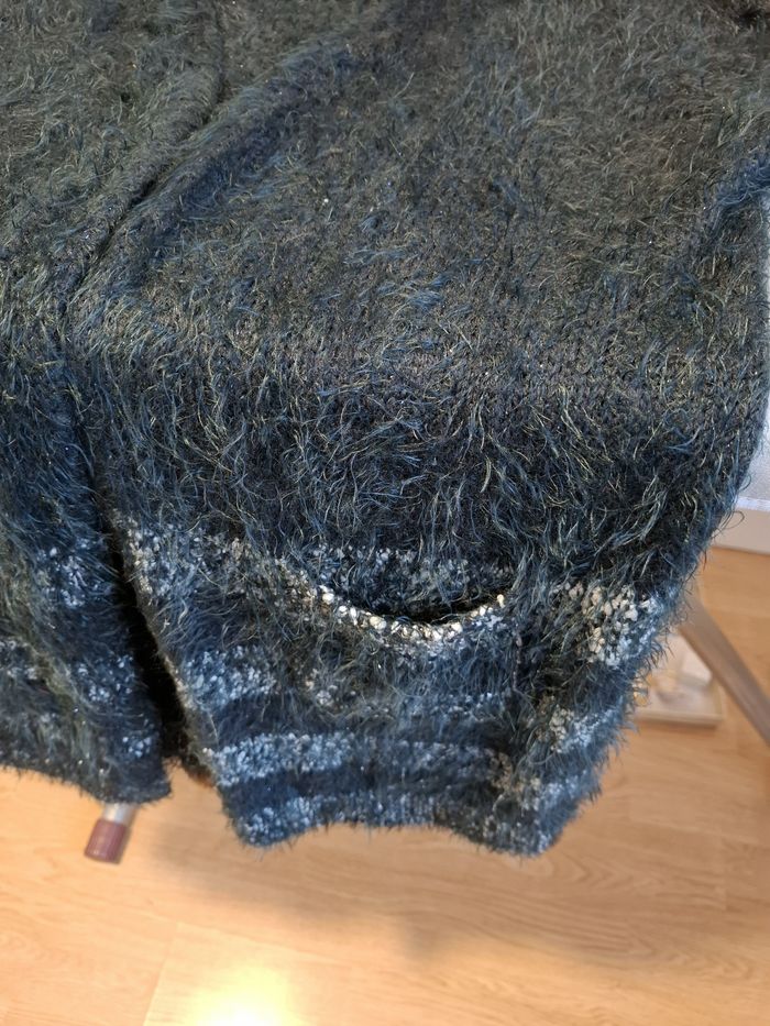 Magnifique gilet long femme noir/blanc/métallisé XXL (4) maille angora acrylique très bon état - photo numéro 5